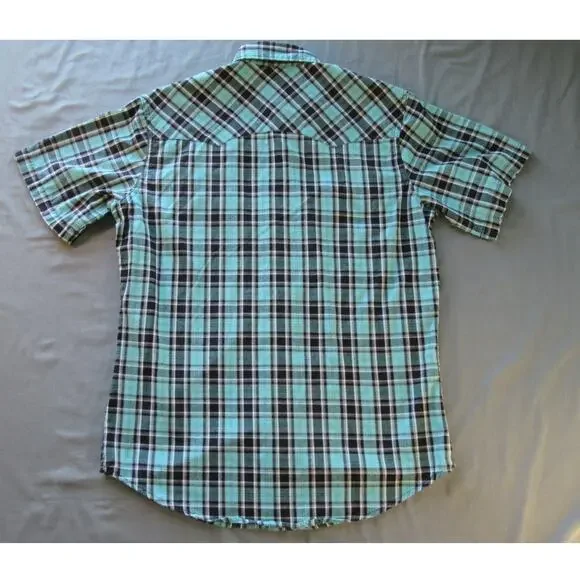 Wrangler Wrancher Western Pearl Snap Aqua/Black Plaid Short Sleeve Shirt Men's M - Picture 5 of 8